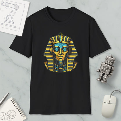 a black t-shirt with a graphic design of a pharaoh's head, surrounded by various objects such as a computer mouse, a notebook, and a robot.