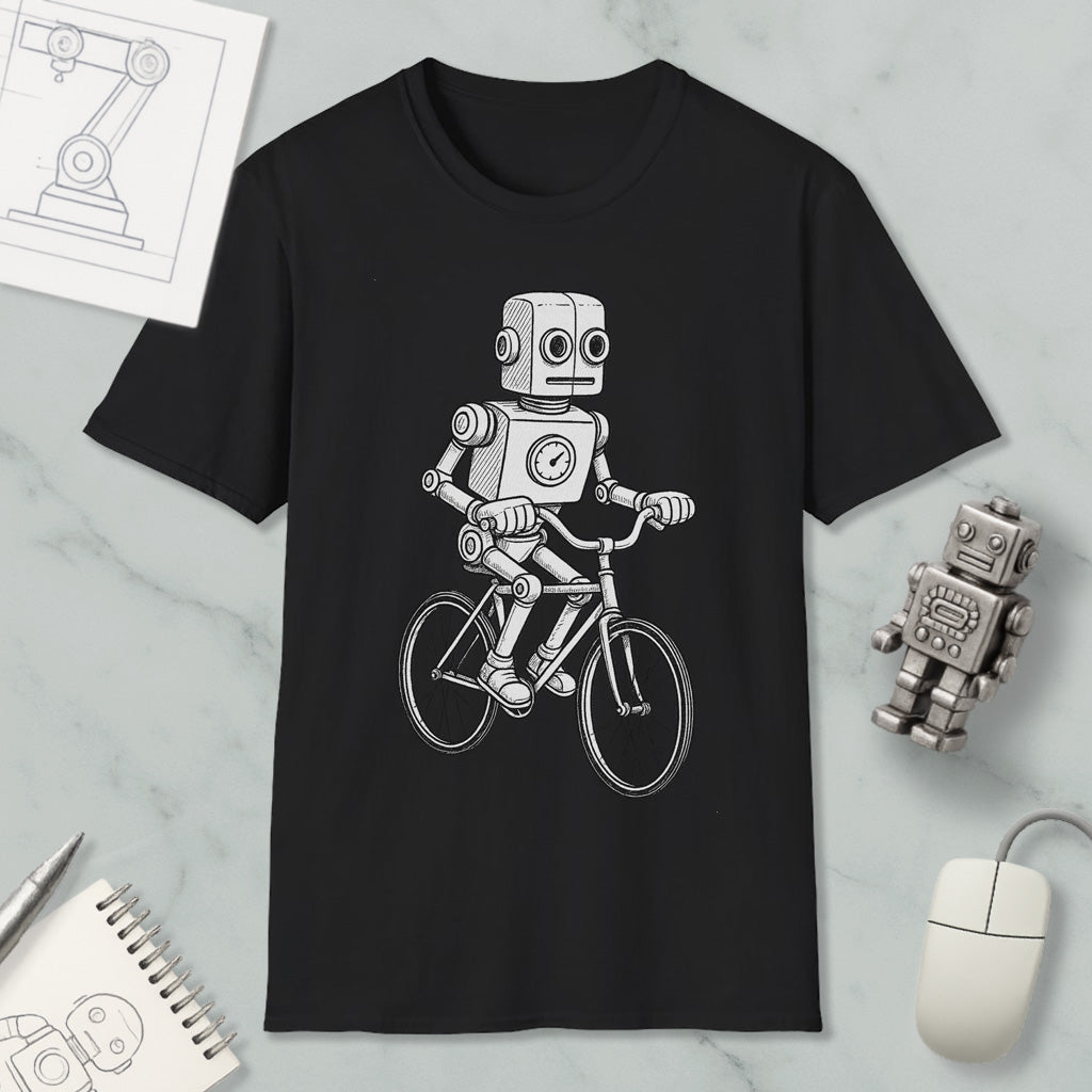 a black t-shirt with a white illustration of a robot riding a bicycle.