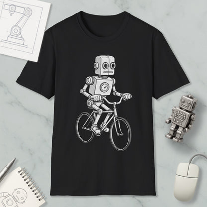 a black t-shirt with a white illustration of a robot riding a bicycle.