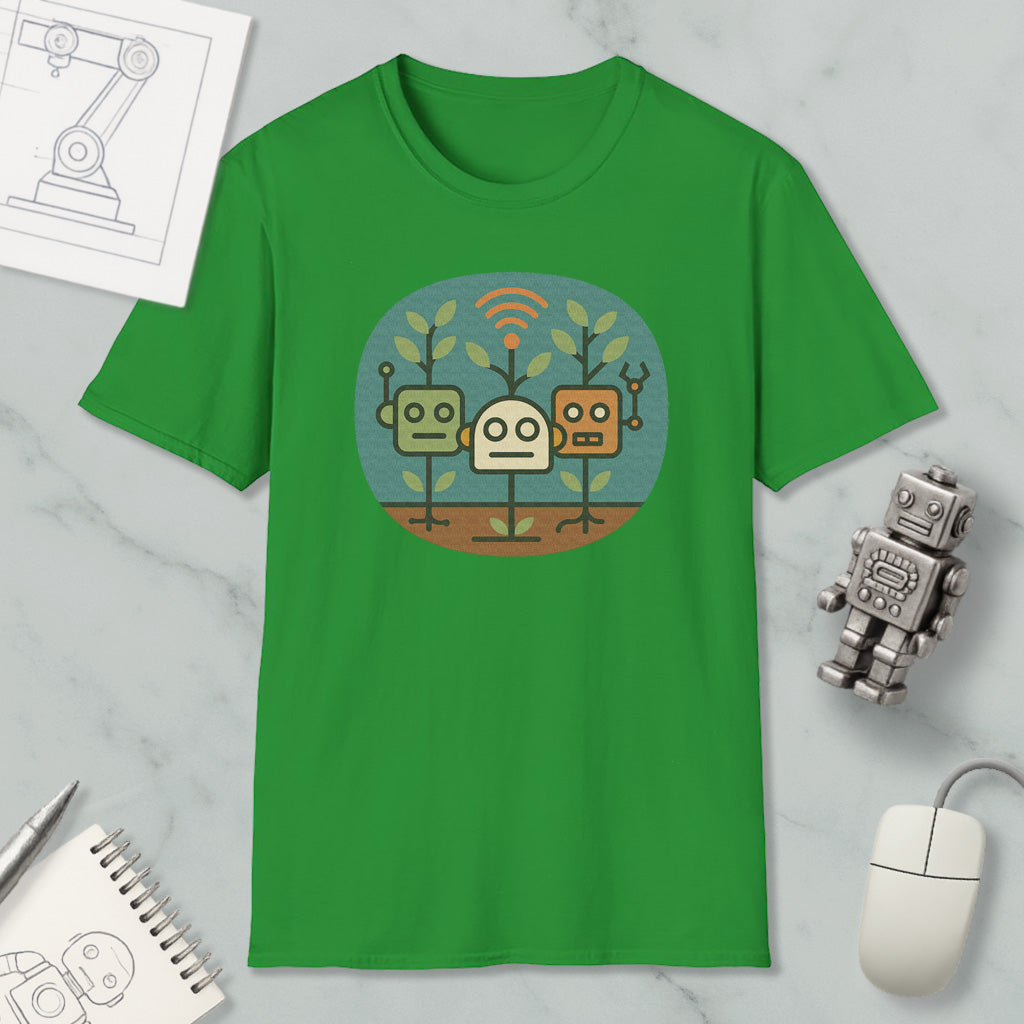a green t-shirt with a graphic design of three cartoon robots, along with a computer mouse, a notebook, and a pen on a marble surface.