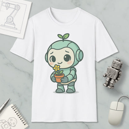 a white t-shirt with a cartoon character holding a flower, surrounded by various objects such as a computer mouse, a robot, and a notebook.