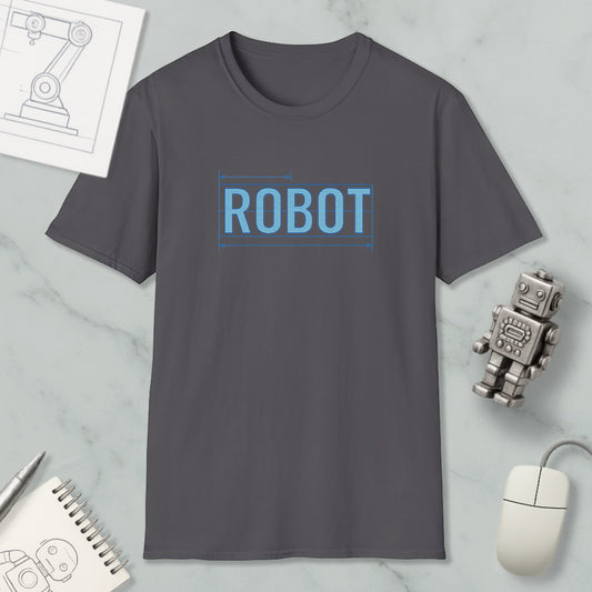 a gray t-shirt with the word "ROBOT" printed on it, along with a small robot figurine and some office supplies such as a notebook and a mouse.