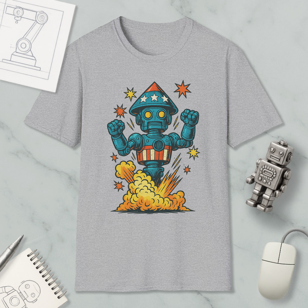 a gray t-shirt with a colorful graphic of a robot, surrounded by stars and a rocket explosion. The t-shirt is placed on a marble surface, along with a computer mouse, a spiral notebook, and a small robot figurine.