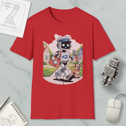 a red t-shirt with a cartoon robot and a dog, along with various objects such as a computer mouse, a notebook, and a robot figurine.