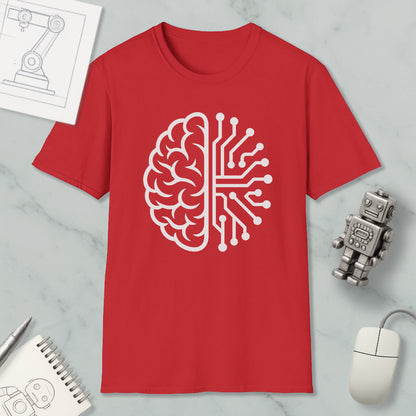 a red t-shirt with a white graphic design depicting a brain and a circuit board, along with various objects such as a robot, a mouse, and a notebook.