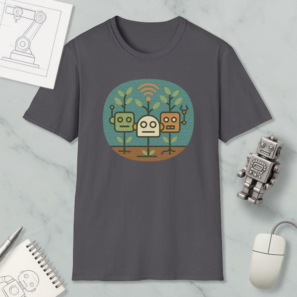 a gray t-shirt with a graphic design of three cartoon robots, along with a computer mouse, a notebook, and a pen on a marble surface.