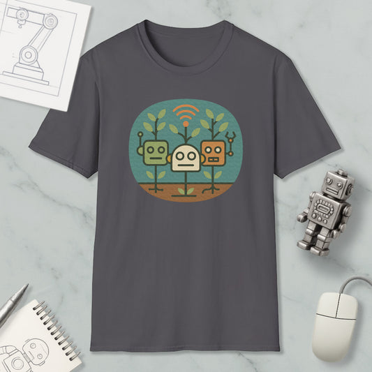a gray t-shirt with a graphic design of three cartoon robots, along with a computer mouse, a notebook, and a pen on a marble surface.