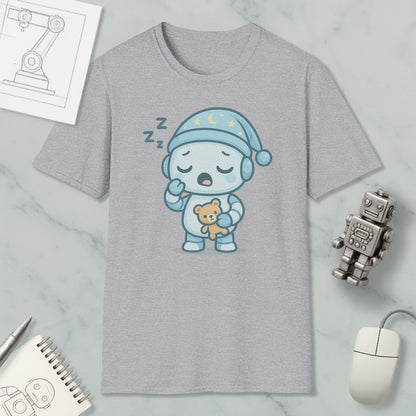 a gray t-shirt with a cartoon robot wearing a blue hat and holding a teddy bear, along with a computer mouse and a notebook.