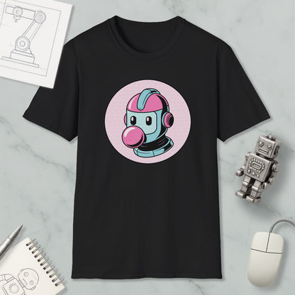 a black t-shirt with a colorful graphic of a robot or character wearing a pink helmet, along with a computer mouse and a notebook.