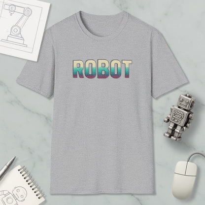 a gray t-shirt with the word "ROBOT" printed on it, along with various objects such as a computer mouse, a notebook, and a robot figurine.