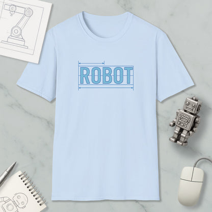 a light blue t-shirt with the word "ROBOT" printed on it, along with a small robot toy and a computer mouse.