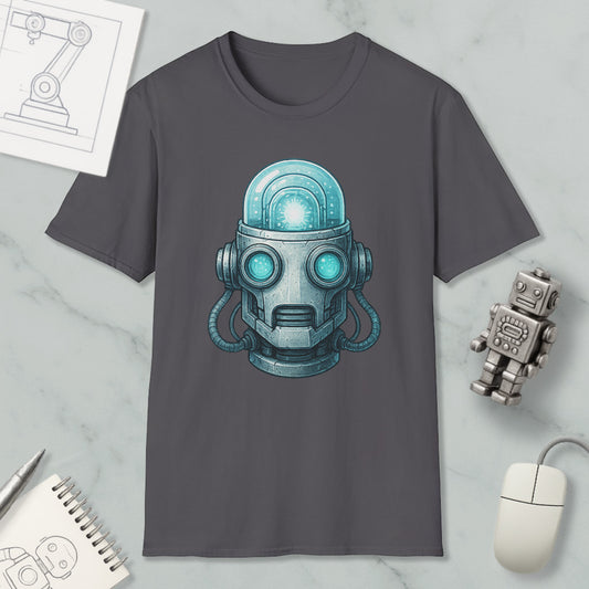 a gray t-shirt with a graphic design of a futuristic robot head, surrounded by various objects such as a computer mouse, a notebook, and a pen.