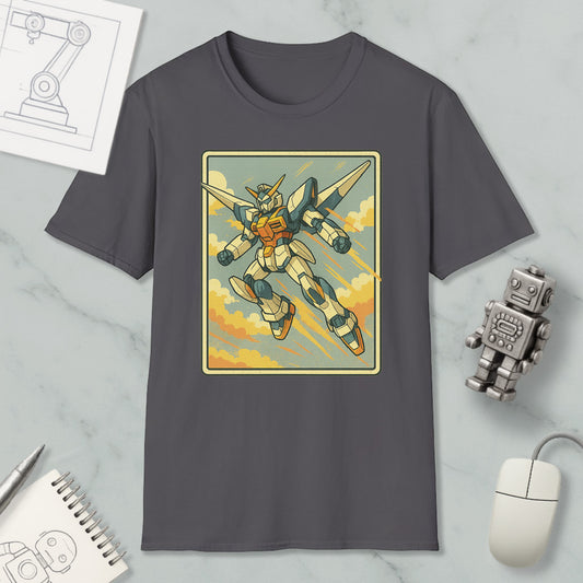 a gray t-shirt with a graphic of a robot or character, along with various objects such as a computer mouse, a notebook, and a robot figurine.