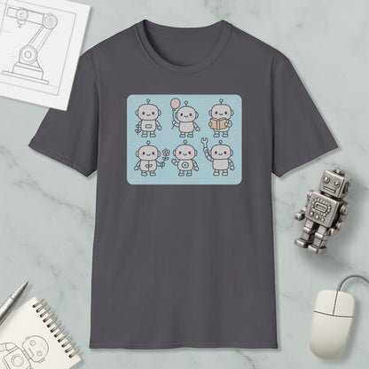a gray t-shirt with a graphic design of six cute robot characters, along with a computer mouse and a notebook on a marble surface.