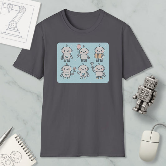 a gray t-shirt with a graphic design of six cute robot characters, along with a computer mouse and a notebook on a marble surface.