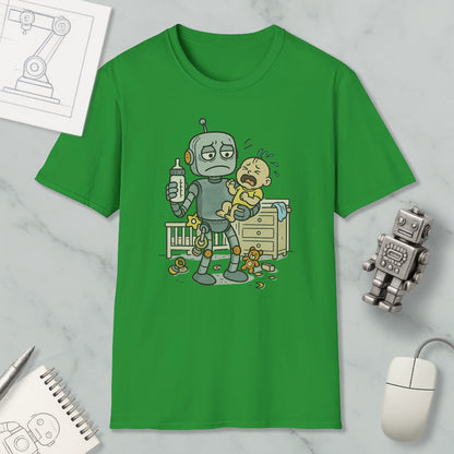 a green t-shirt with a cartoon illustration of a robot holding a baby and a toy robot on a marble surface.