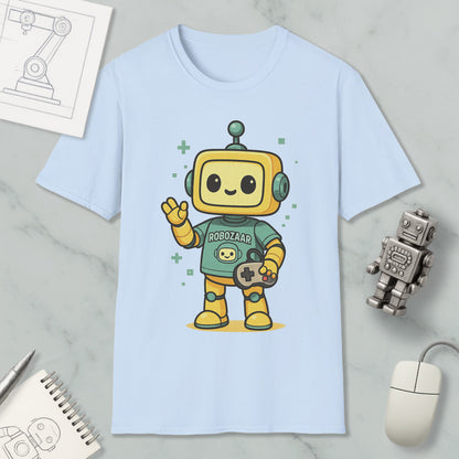 A light blue t-shirt with a cartoon robot character wearing a green shirt and holding a game controller, surrounded by various objects such as a computer mouse, a notebook, and a robot toy.