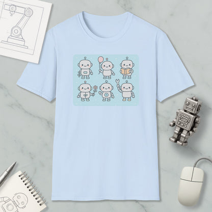 a light blue t-shirt with a graphic design of six cute robot characters, along with a computer mouse, a spiral notebook, and a small robot figurine.