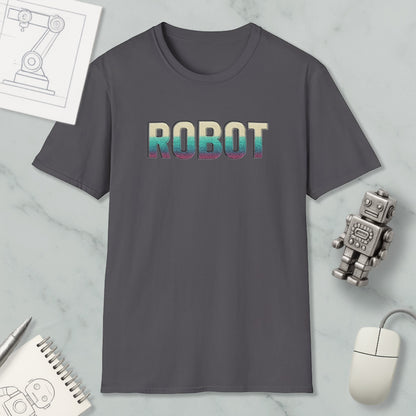 a gray t-shirt with the word "ROBOT" printed on it, along with various objects such as a computer mouse, a notebook, and a robot figurine.