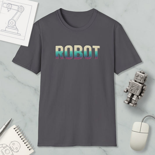 a gray t-shirt with the word "ROBOT" printed on it, along with various objects such as a computer mouse, a notebook, and a robot figurine.