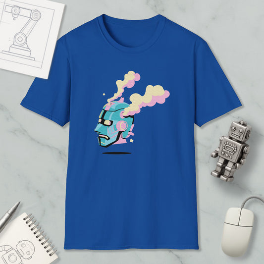 a blue t-shirt with a colorful graphic design, including a robot or robot-like figure with a face and smoke coming out of its head. The t-shirt is displayed on a marble surface, along with a computer mouse, a notepad, and a small robot figurine.