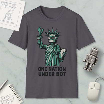 a t-shirt with a graphic design depicting a robot figure holding a wrench and a tablet, accompanied by the text "ONE NATION UNDER BOT".