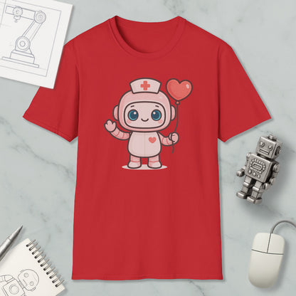 a red t-shirt with a cartoon character wearing a nurse's hat and holding a heart-shaped balloon. The t-shirt is displayed on a marble surface, along with a computer mouse, a pen, and a notebook.