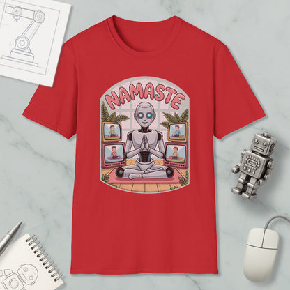 a red t-shirt with a graphic design depicting a robot sitting in a meditative pose, surrounded by various images of people.