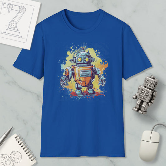 a blue t-shirt with a colorful robot graphic, along with a computer mouse, a notebook, and a sketch of a robot.