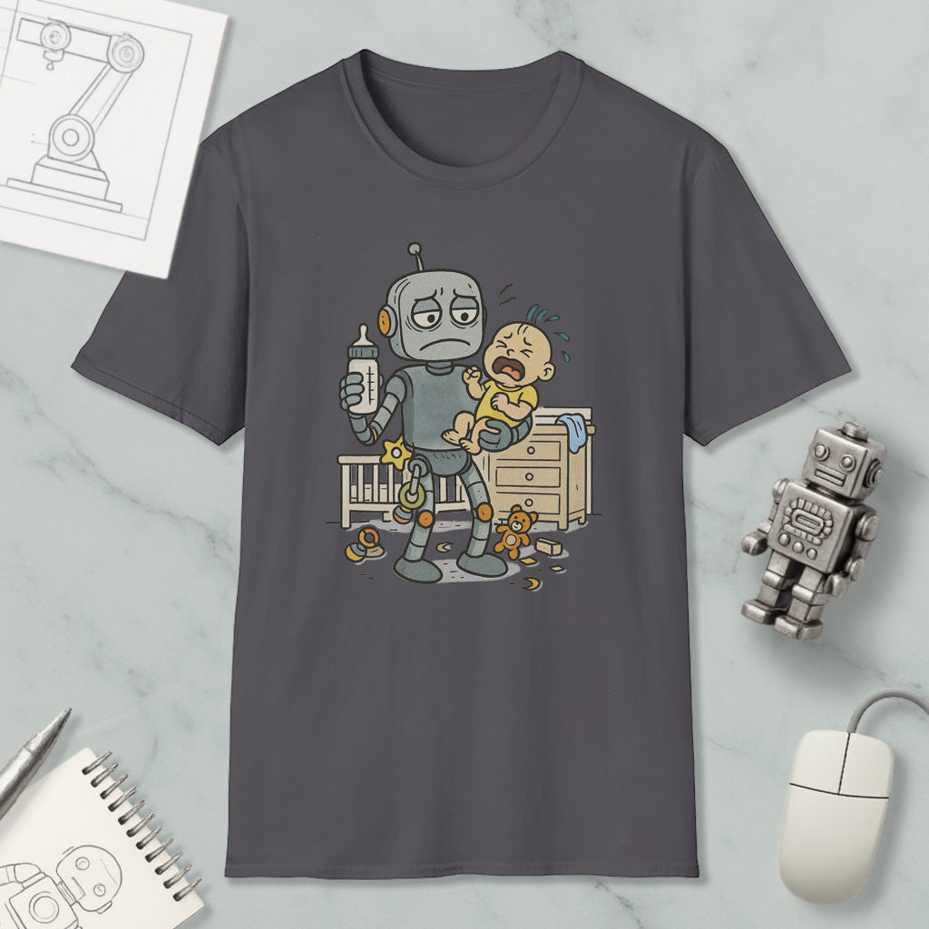 a gray t-shirt with a cartoon illustration of a robot holding a baby and a toy robot on a marble surface.
