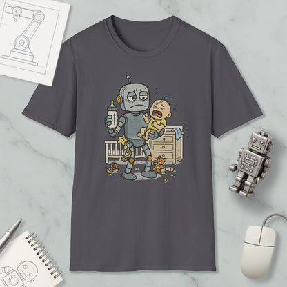 a gray t-shirt with a cartoon illustration of a robot holding a baby and a toy robot on a marble surface.