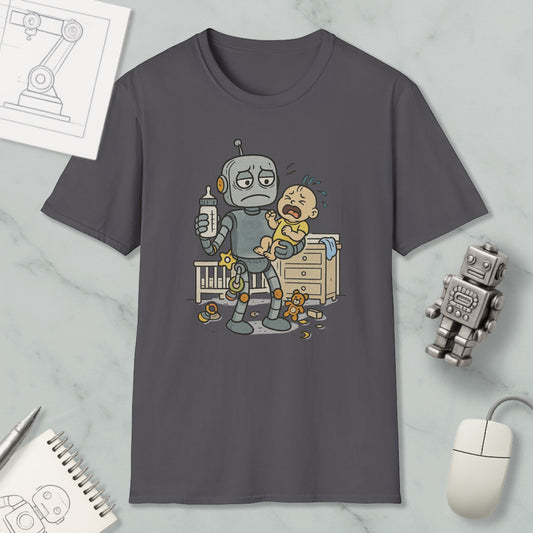 a gray t-shirt with a cartoon illustration of a robot holding a baby and a toy robot on a marble surface.