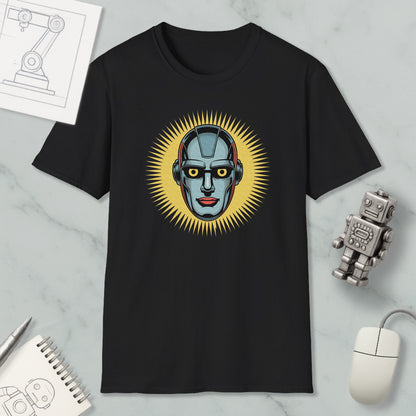 a black t-shirt with a graphic design of a robot's face, surrounded by a yellow sunburst pattern. The t-shirt is placed on a marble surface, along with a computer mouse, a notepad, and a small robot figurine.