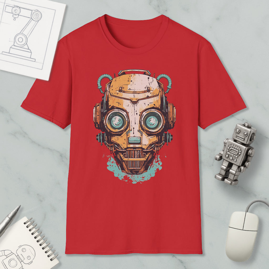 a red t-shirt with a graphic design of a robot or cyborg head, along with various objects such as a computer mouse, a notebook, and a pen.