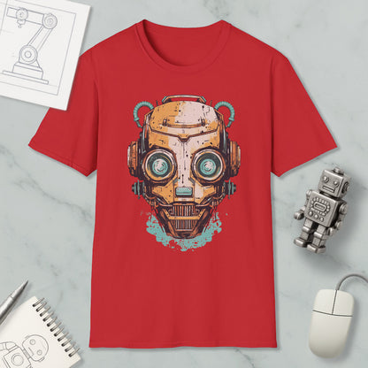 a red t-shirt with a graphic design of a robot or cyborg head, along with various objects such as a computer mouse, a notebook, and a pen.
