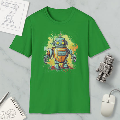 a green t-shirt with a colorful robot graphic, along with a computer mouse, a notebook, and a pen on a marble surface.