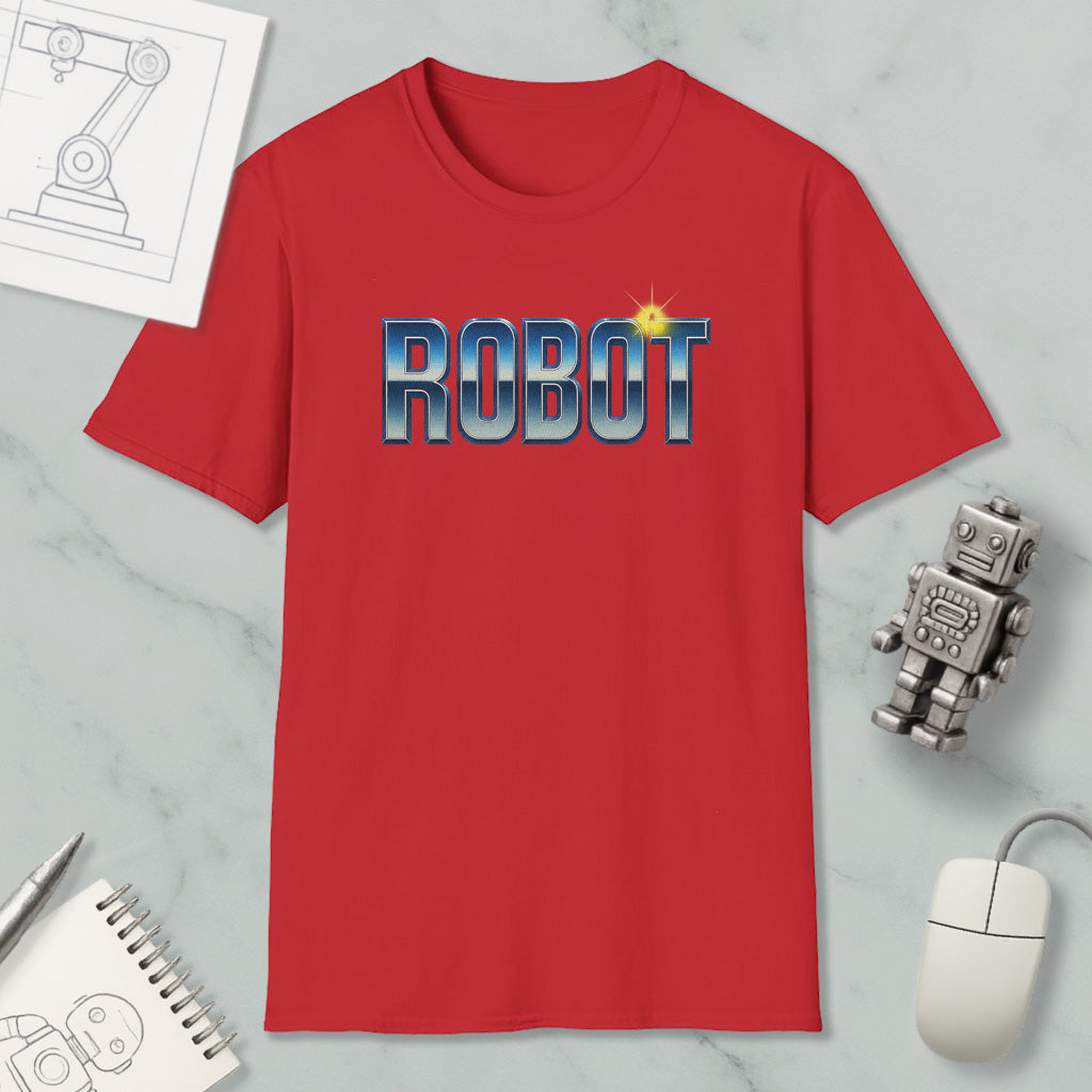 a red t-shirt with the word "ROBOT" printed on it, along with a computer mouse and a robot figurine.