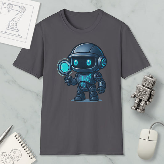 a gray t-shirt with a graphic of a robot character holding a blue magnifying glass. The t-shirt is placed on a marble surface, surrounded by various objects such as a computer mouse, a notebook, and a small robot figurine.