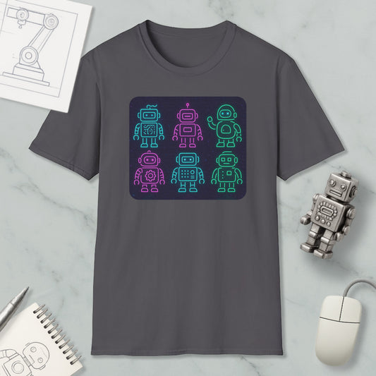 a gray t-shirt with a graphic design of six robot characters in various poses, including one waving and one with a mechanical appearance. The t-shirt is displayed on a marble surface, along with a computer mouse, a notepad, and a pen.