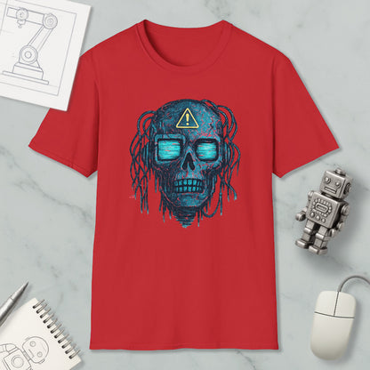 a red t-shirt with a skull design, along with various objects such as a computer mouse, a notebook, and a robot.