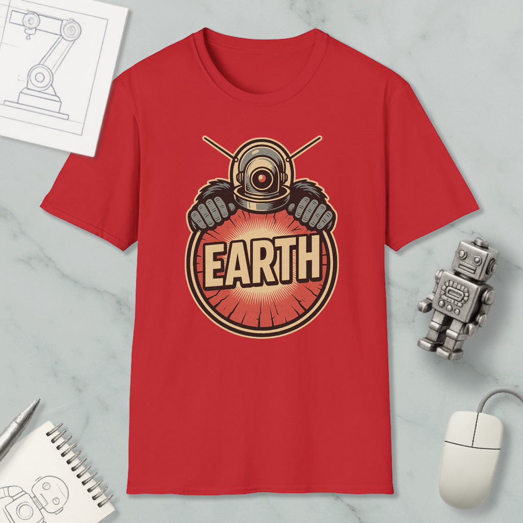 a red t-shirt with a graphic design of a robot or space suit wearing a helmet and the word "EARTH" written on it. The t-shirt is displayed on a marble surface, along with a computer mouse, a pen, and a notebook.