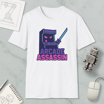 a white t-shirt with a graphic design depicting a arcade cabinet character holding a sword, accompanied by the text "ARCADE ASSASSIN".