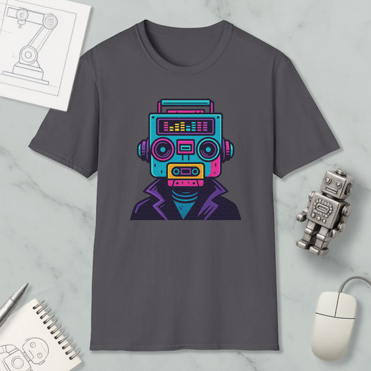 a gray t-shirt with a colorful graphic of a robot or robot-like figure, along with various objects such as a computer mouse, a notebook, and a pen.