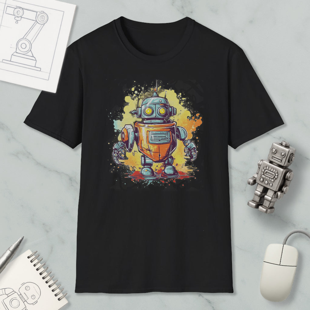 a black t-shirt with a colorful illustration of a robot, along with various objects such as a computer mouse, a notebook, and a sketch of a robot.