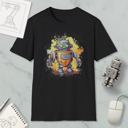 a black t-shirt with a colorful illustration of a robot, along with various objects such as a computer mouse, a notebook, and a sketch of a robot.