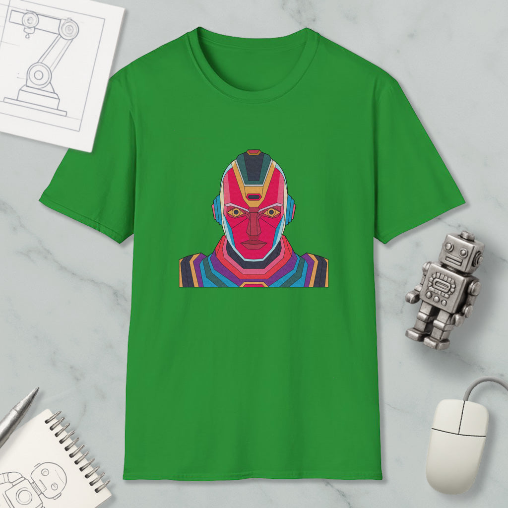 a green t-shirt with a colorful graphic of a robot or character on it, along with various objects such as a computer mouse, a notebook, and a pen.