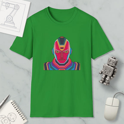 a green t-shirt with a colorful graphic of a robot or character on it, along with various objects such as a computer mouse, a notebook, and a pen.