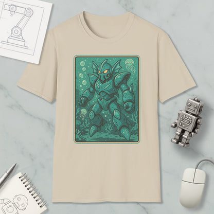 a beige t-shirt with a graphic design depicting a green armored figure, surrounded by bubbles and marine life, such as jellyfish. The t-shirt is placed on a marble surface, along with a computer mouse, a pen, and a notebook.
