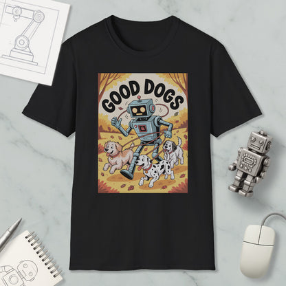 a black t-shirt with a graphic design depicting a robot walking with three dogs, accompanied by the text "GOOD DOGS".