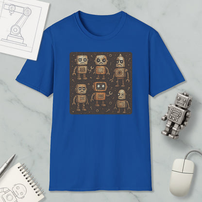 a blue t-shirt with a square design of six robot characters, along with a computer mouse and a notebook on a marble surface.